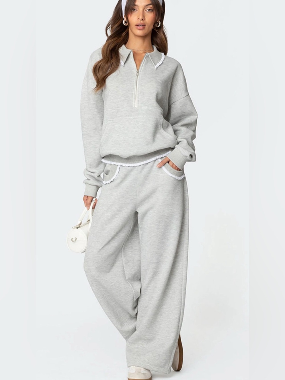 EDIKTED Gray Two-Piece Lounge Set with Fringe Trim size L